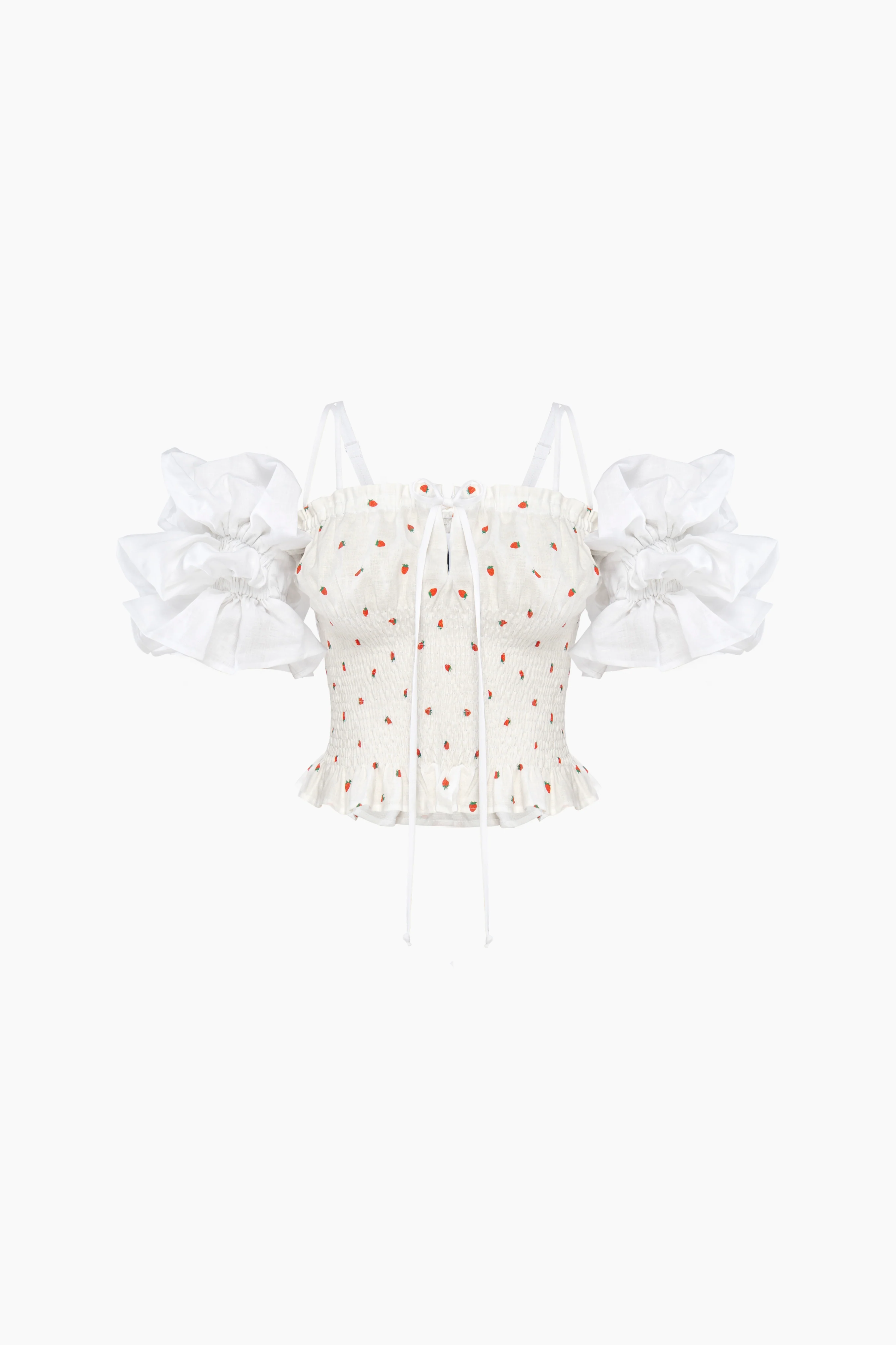Arle Ruffled Linen Top in Strawberries - Image 7