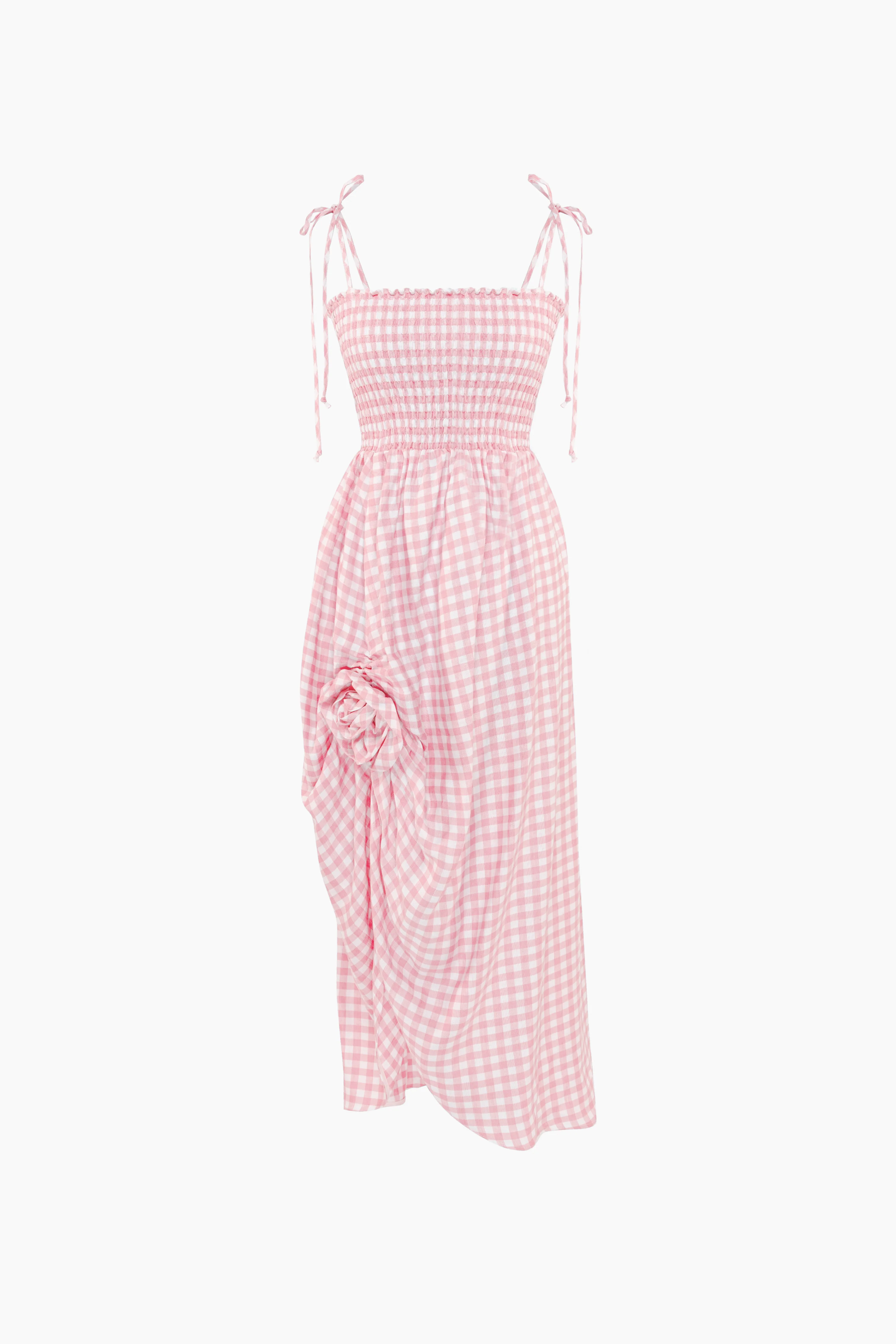 Atlanta Linen Strap Dress with Rose Detail in Pink Vichy - Image 4
