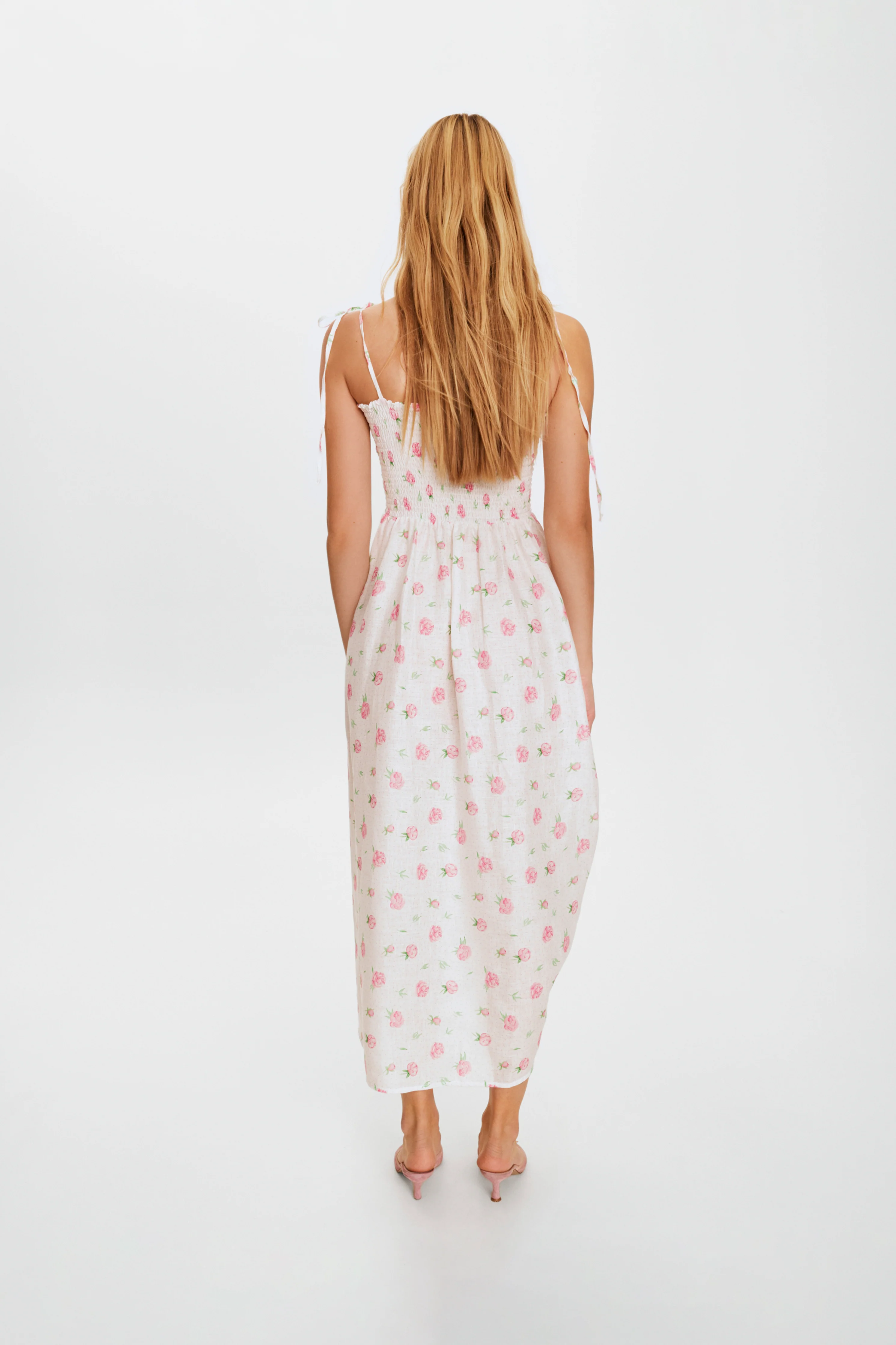 Atlanta Linen Strap Dress with Rose Detail in Roses - Image 4