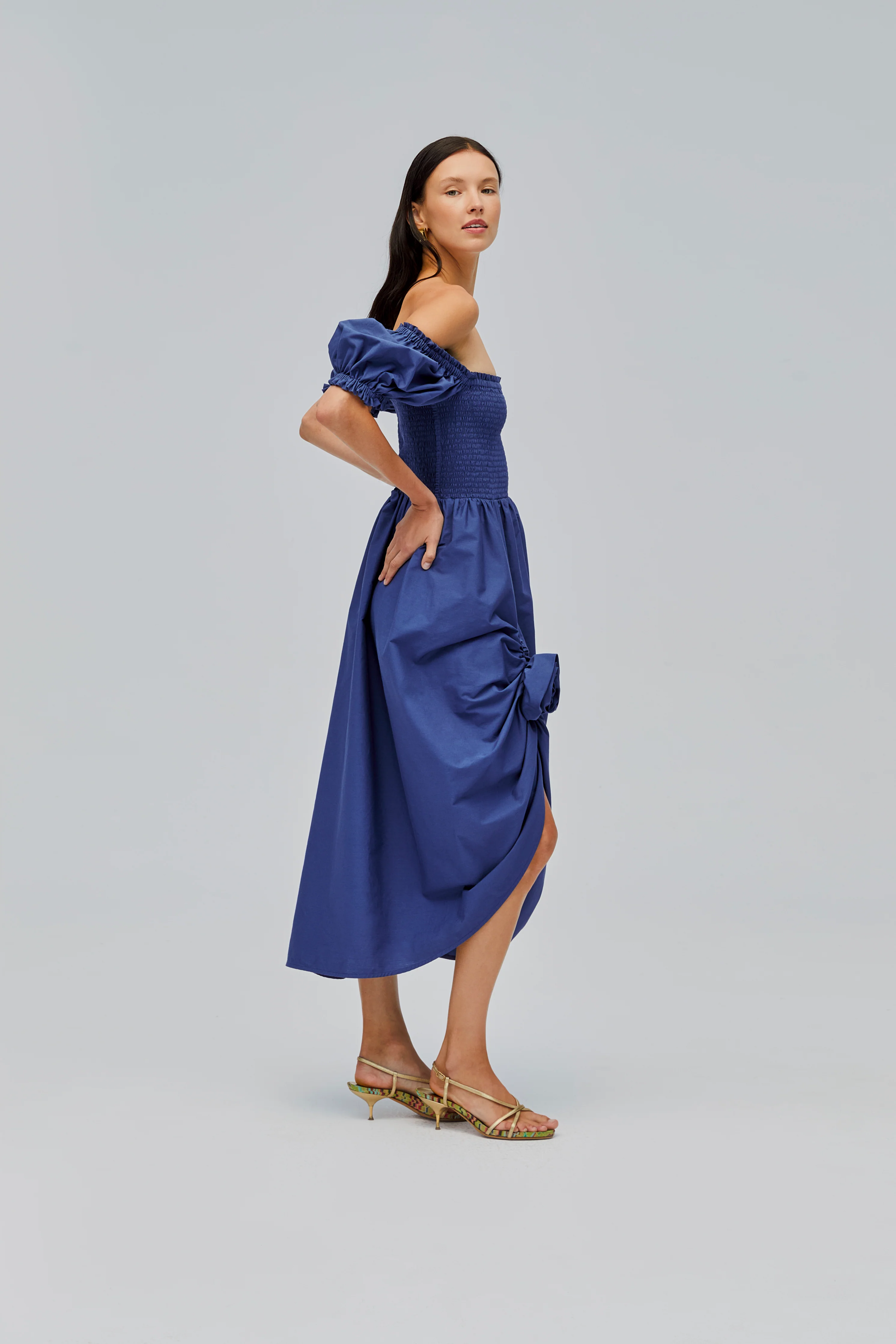 Belle Cotton Dress with Rose Detail in Navy - Image 5
