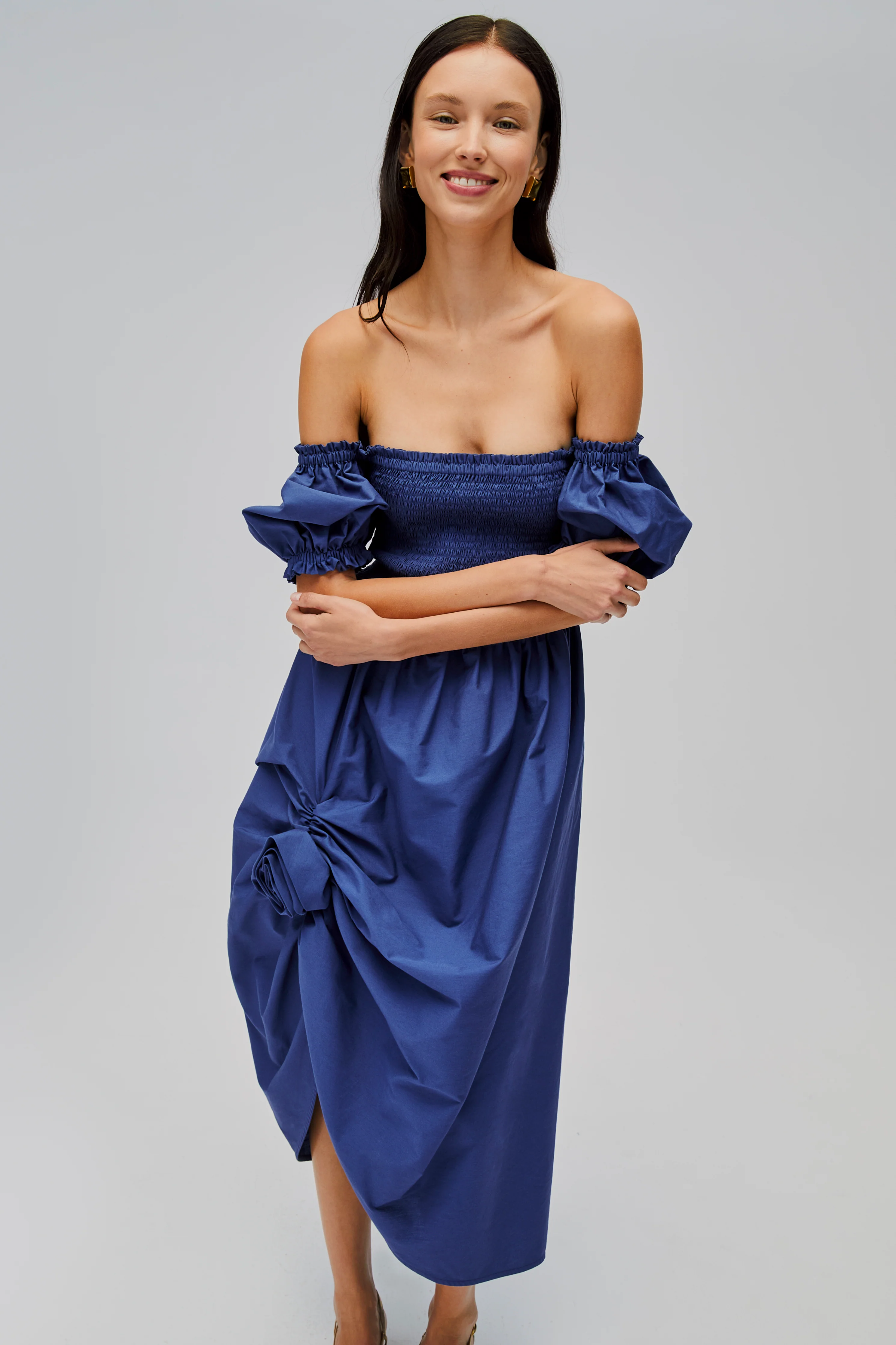 Belle Cotton Dress with Rose Detail in Navy - Image 6