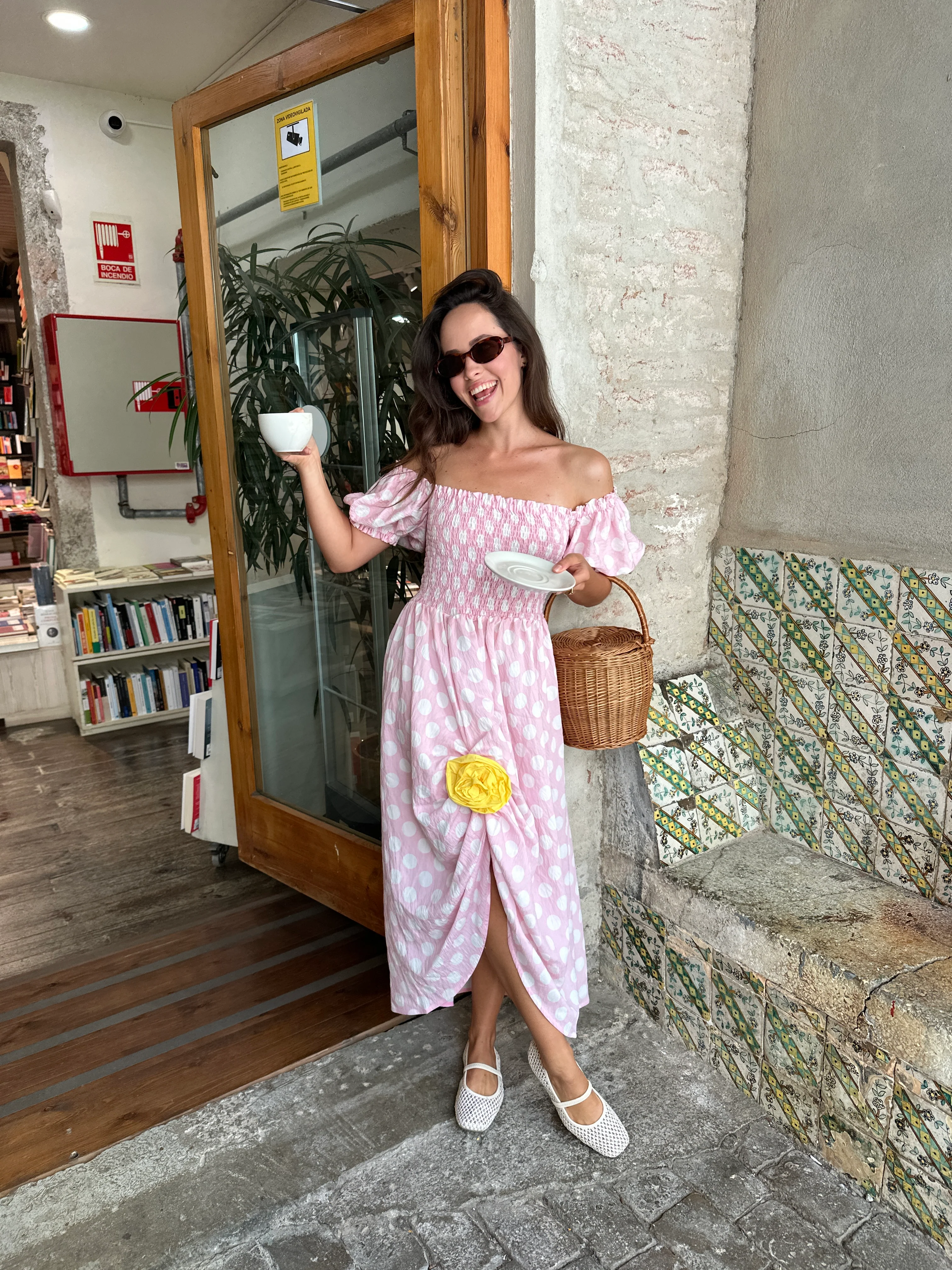 Belle Dress with Rose Detail in Pink Polka Dot - Image 3