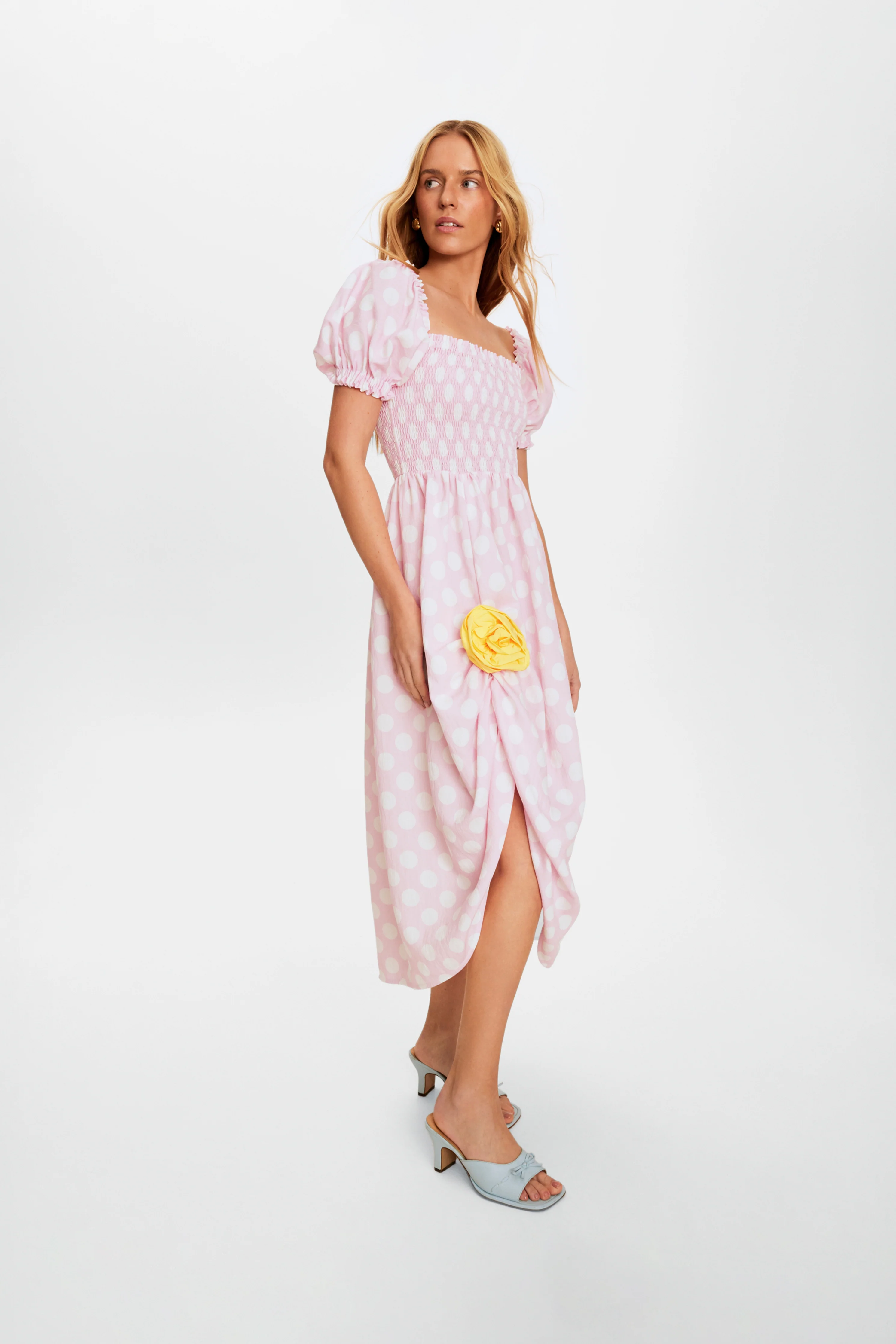 Belle Dress with Rose Detail in Pink Polka Dot - Image 5