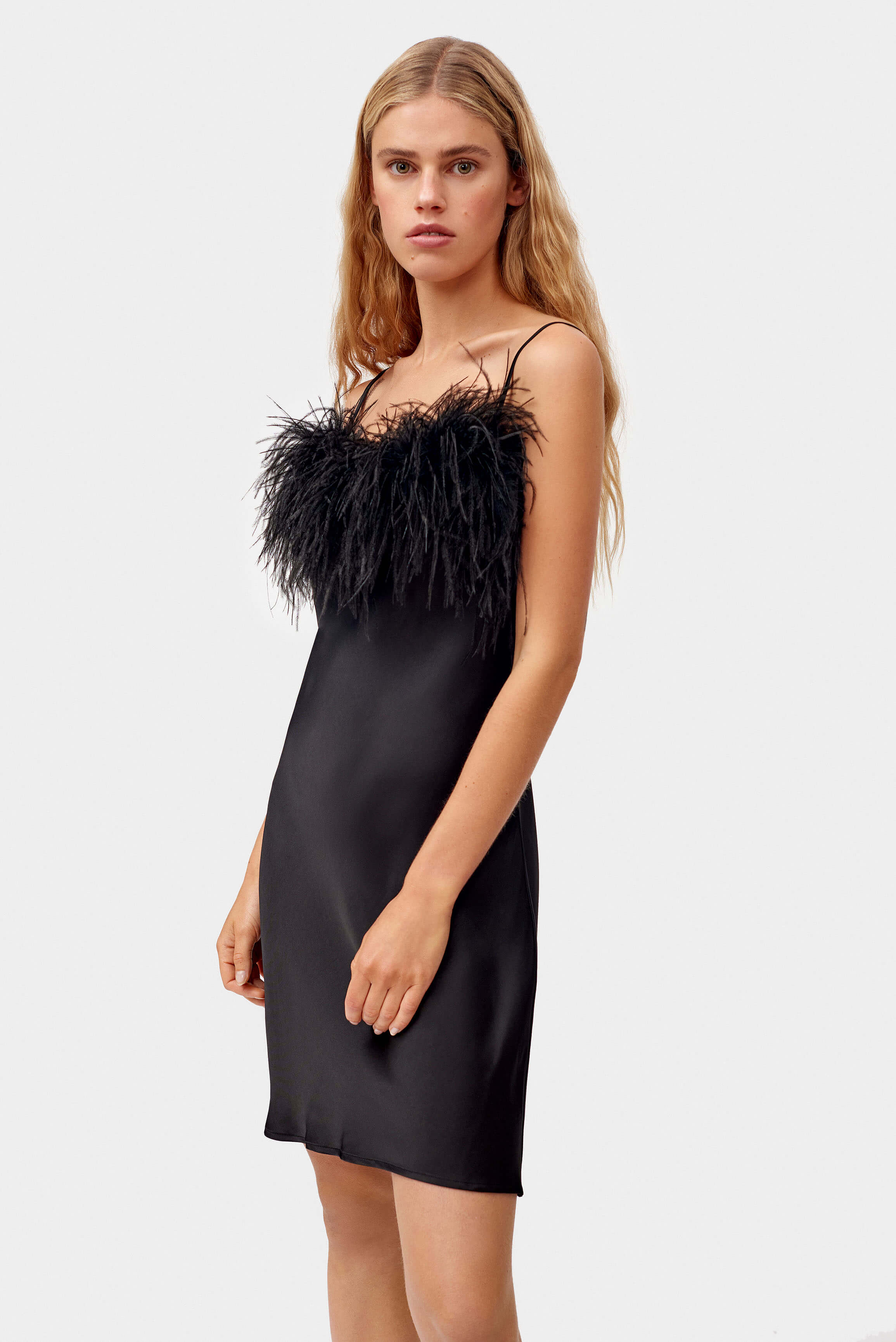 Boheme Mini Slip Dress with Feathers in Black - Image 7