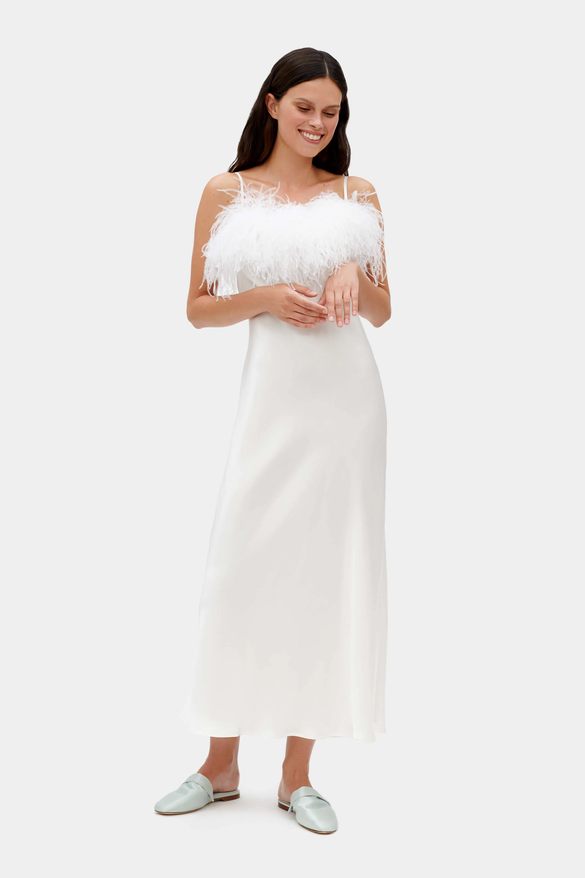 Boheme Slip Dress with Feathers in White - Image 3