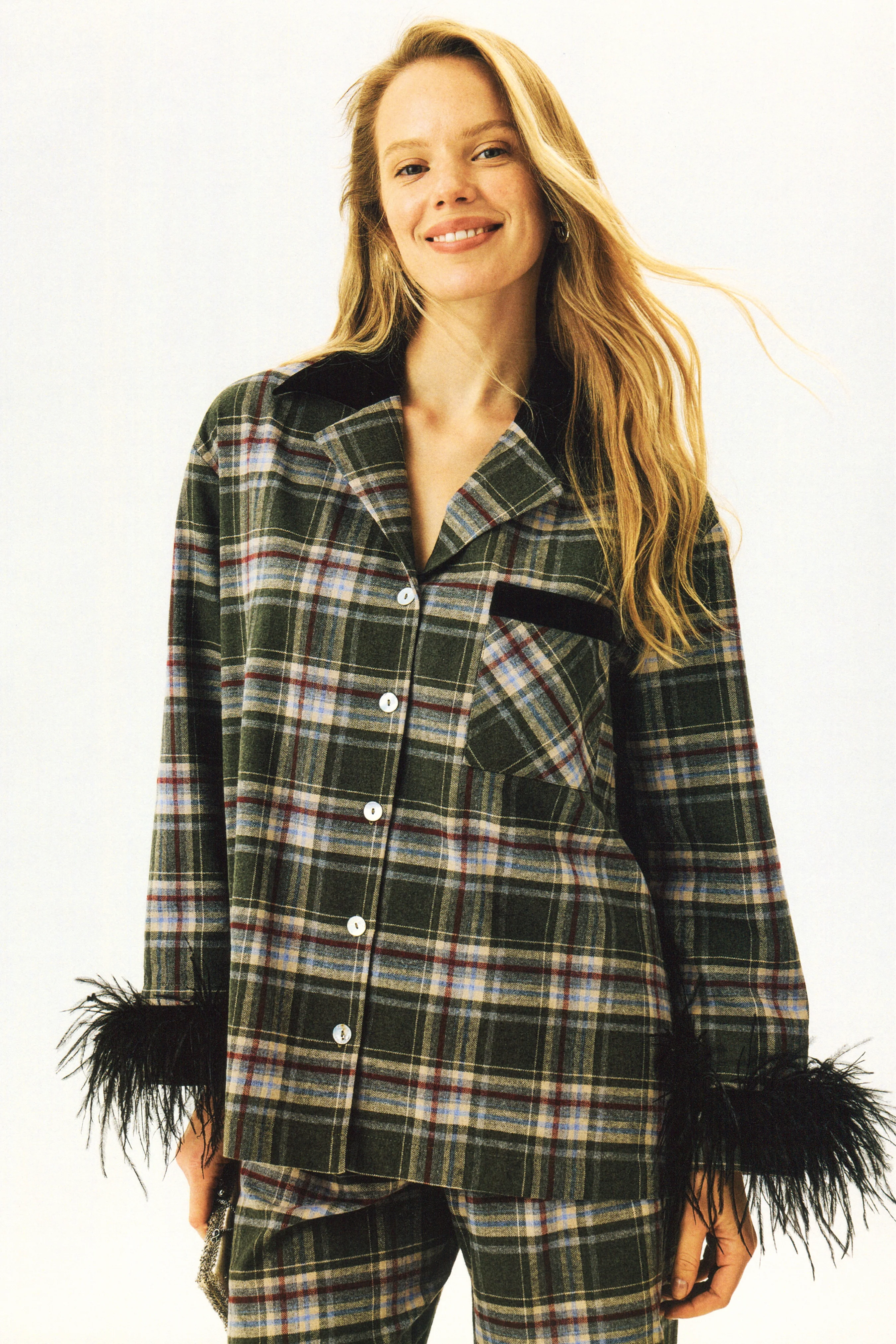 Checked Cotton-Flannel Set with Detachable Feathers in Jade - Image 2