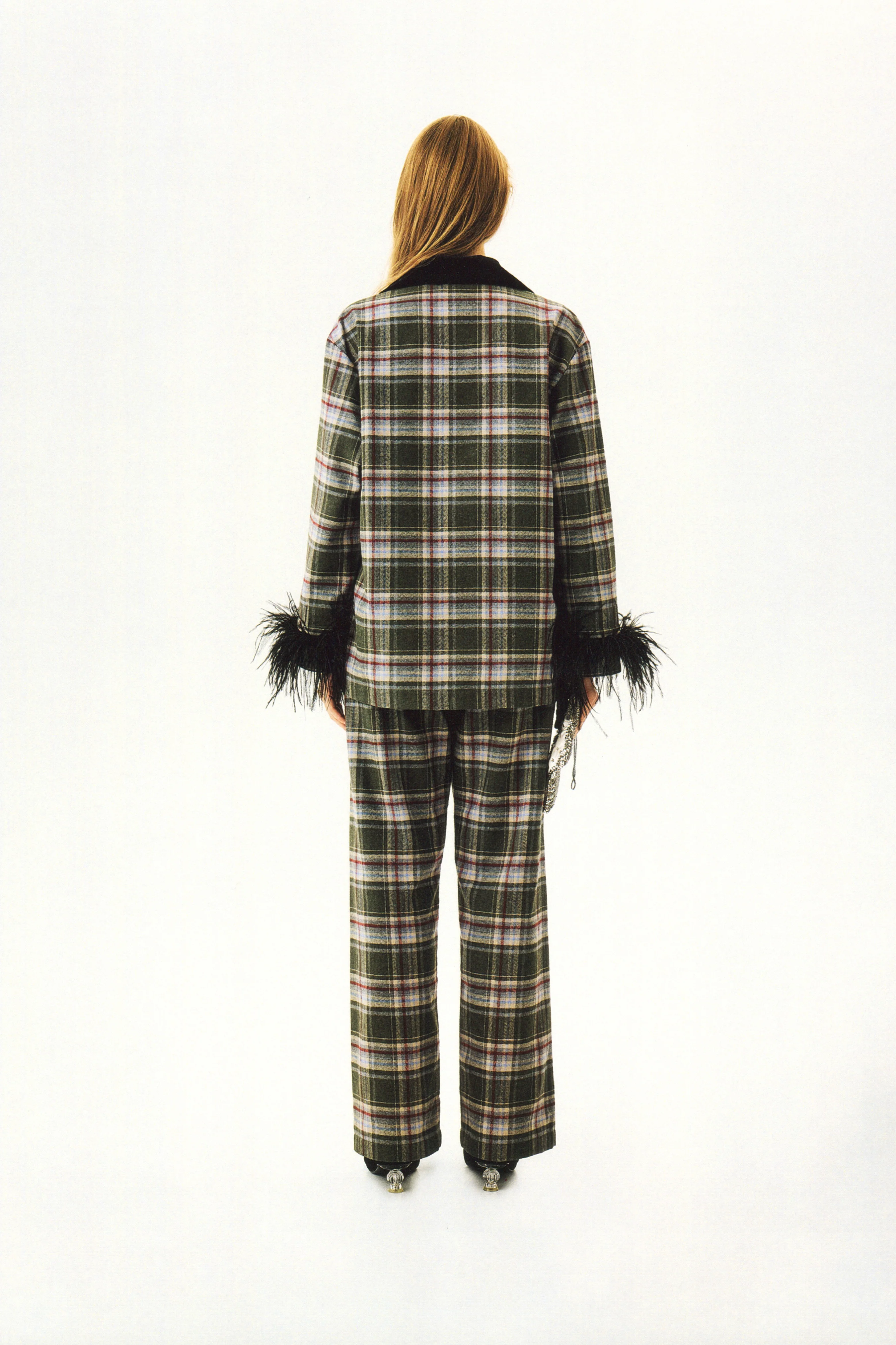 Checked Cotton-Flannel Set with Detachable Feathers in Jade - Image 5