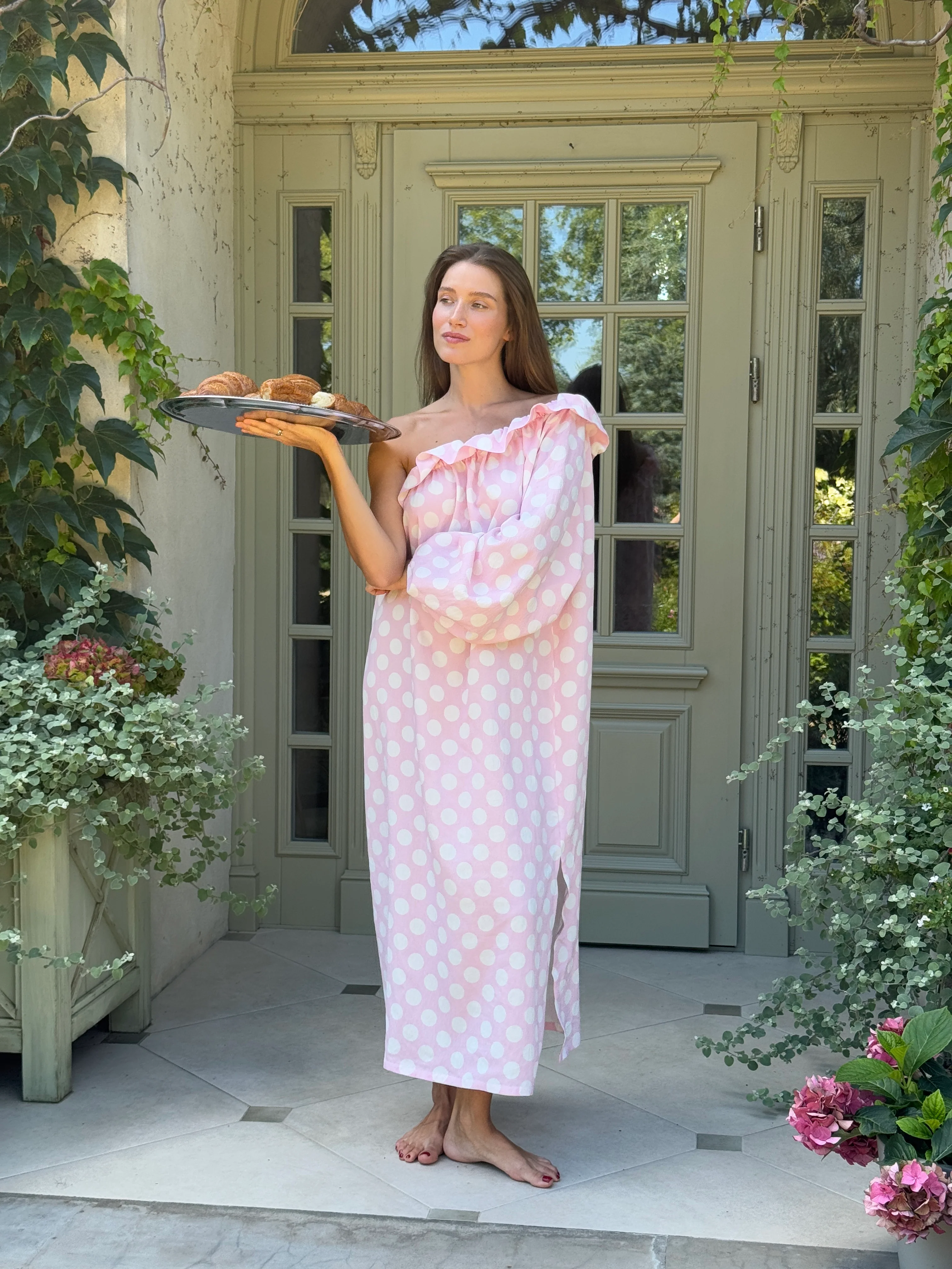 Gaia Soft Viscose Midi Dress in Pink Polka Dot - Image 5