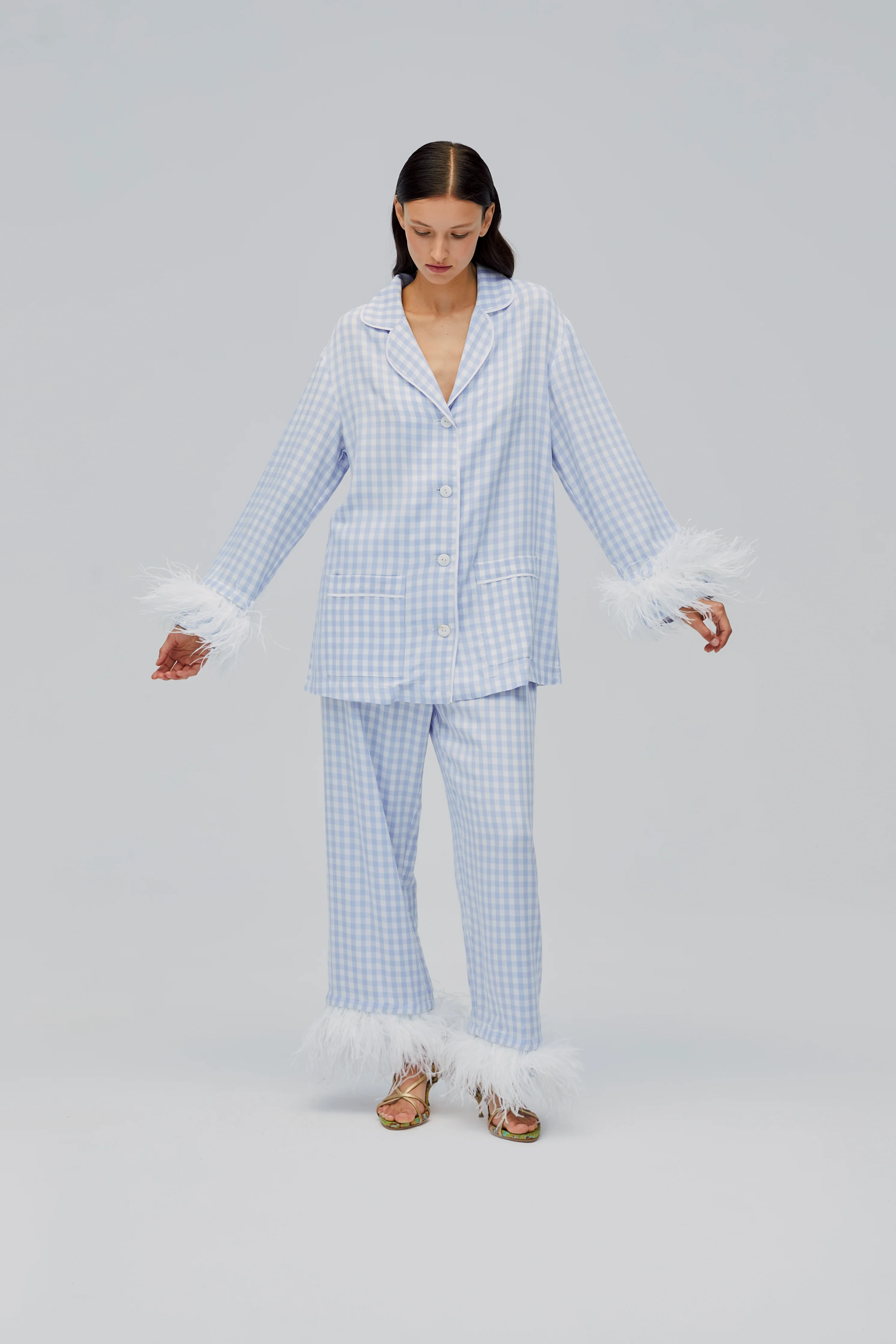 Party Pajamas Set with Detachable Feathers in Blue Vichy - Image 5