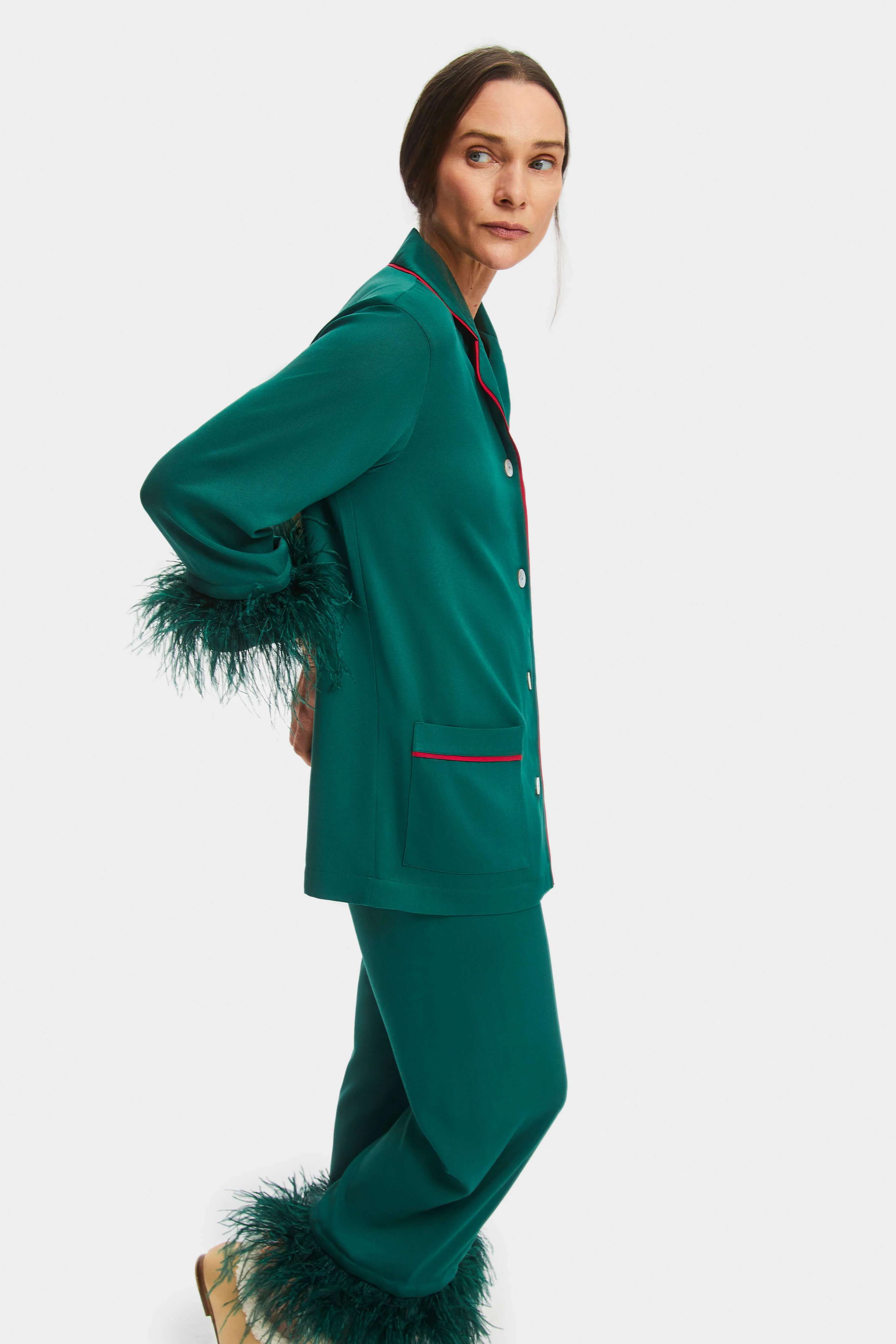 Party Pajamas Set with Detachable Feathers in Pine Green - Image 3