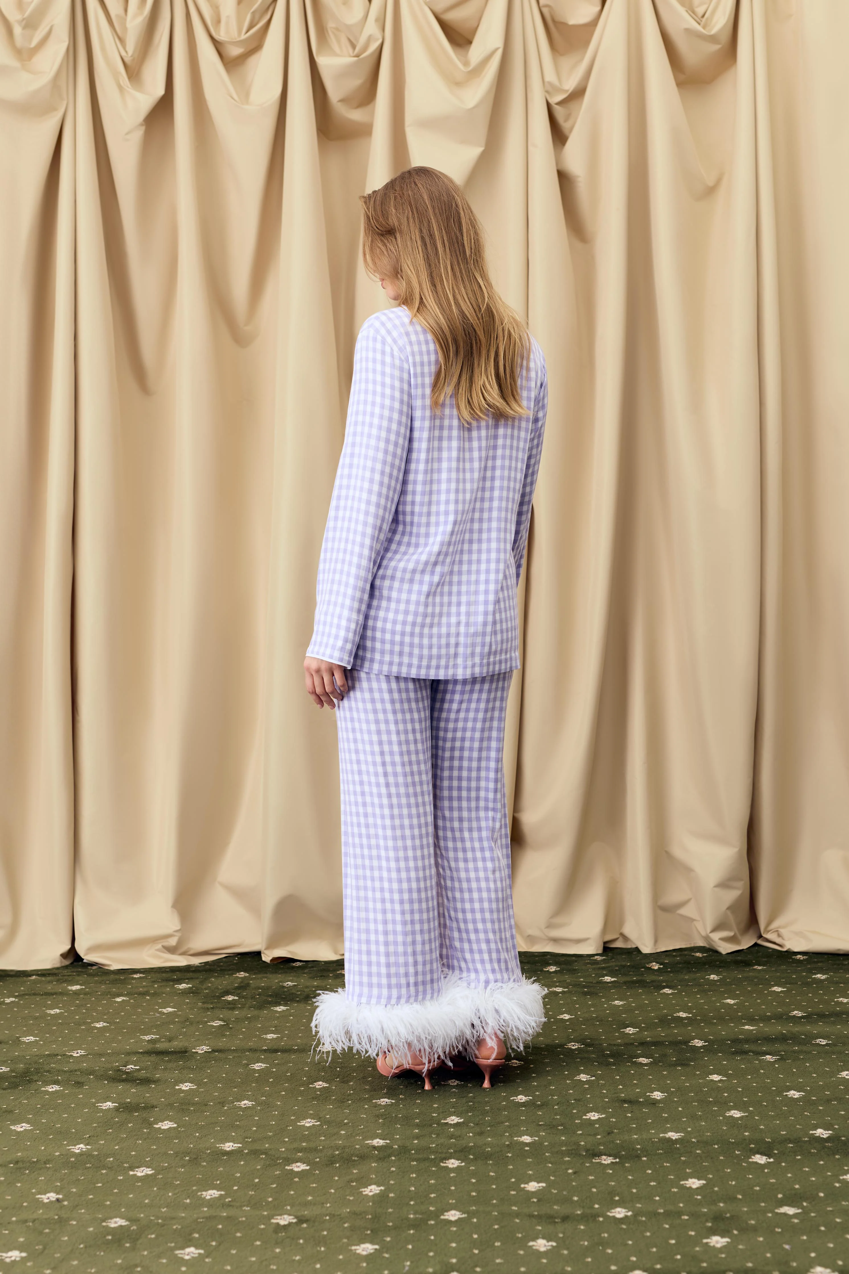 Party Pajamas Set with Detachable Feathers in Lavender Vichy - Image 3