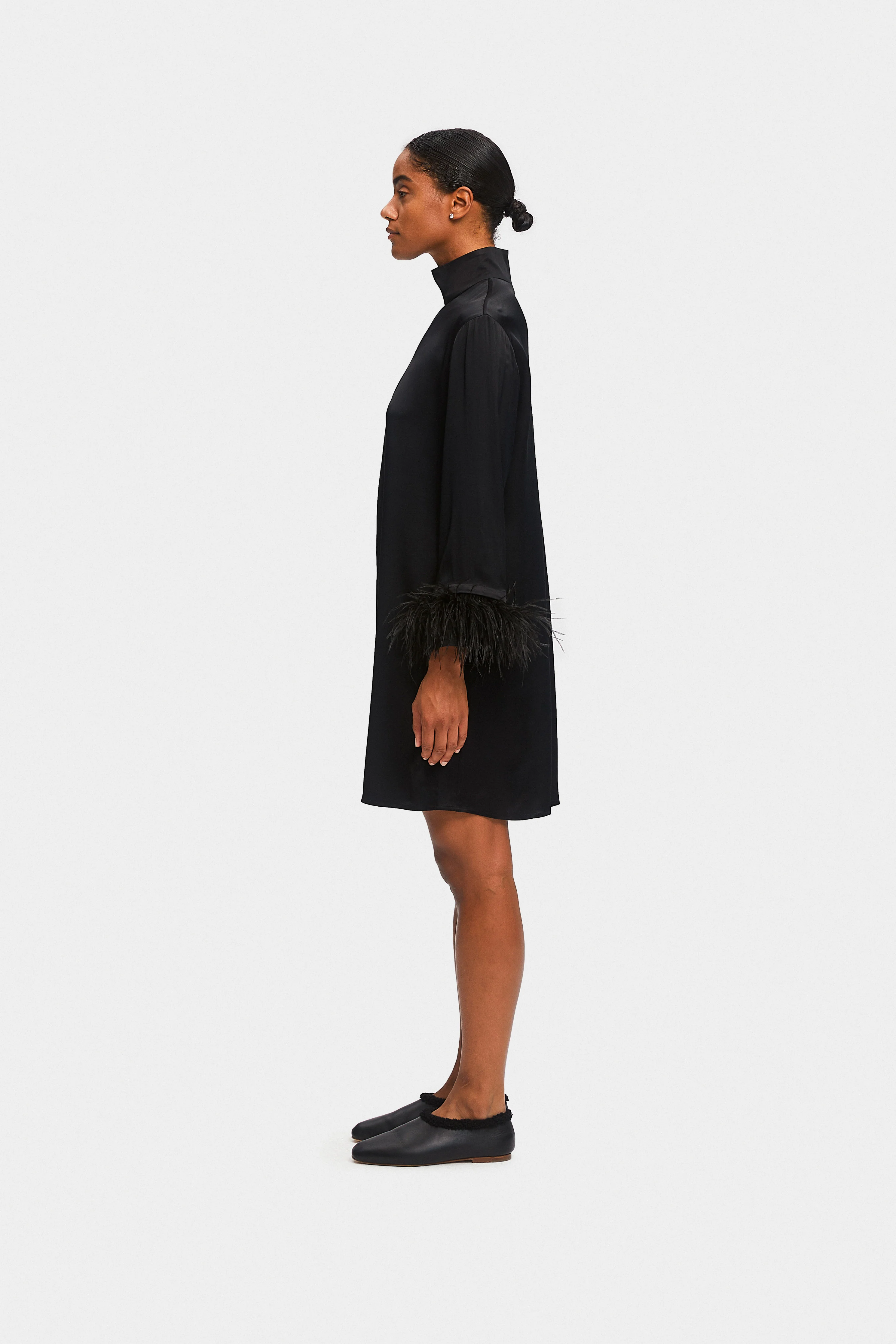Party Shirt Dress with Detachable Feathers in Black - Image 2