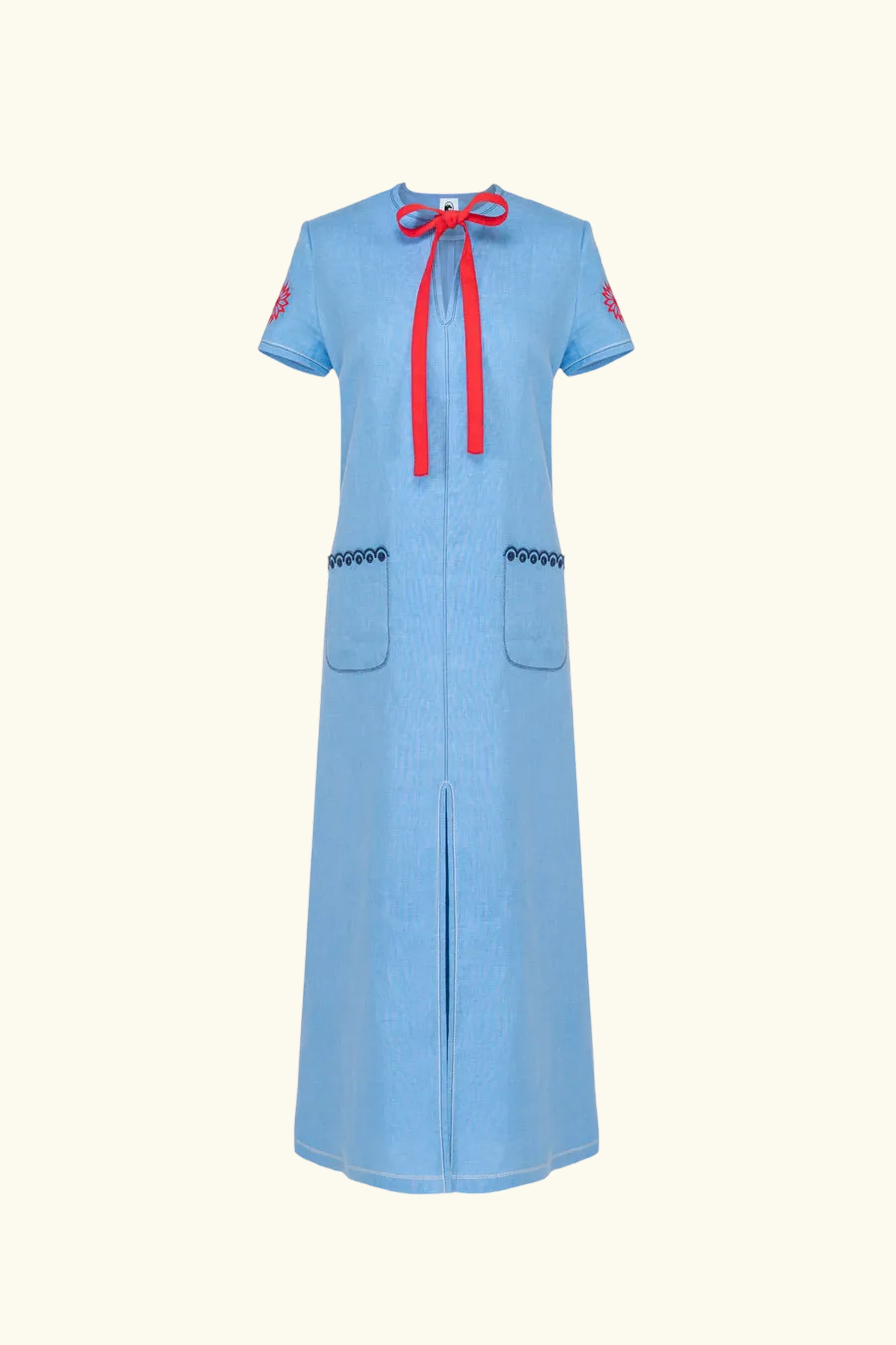 Petra Embroidered Linen Maxi Dress in Blue - Image 6
