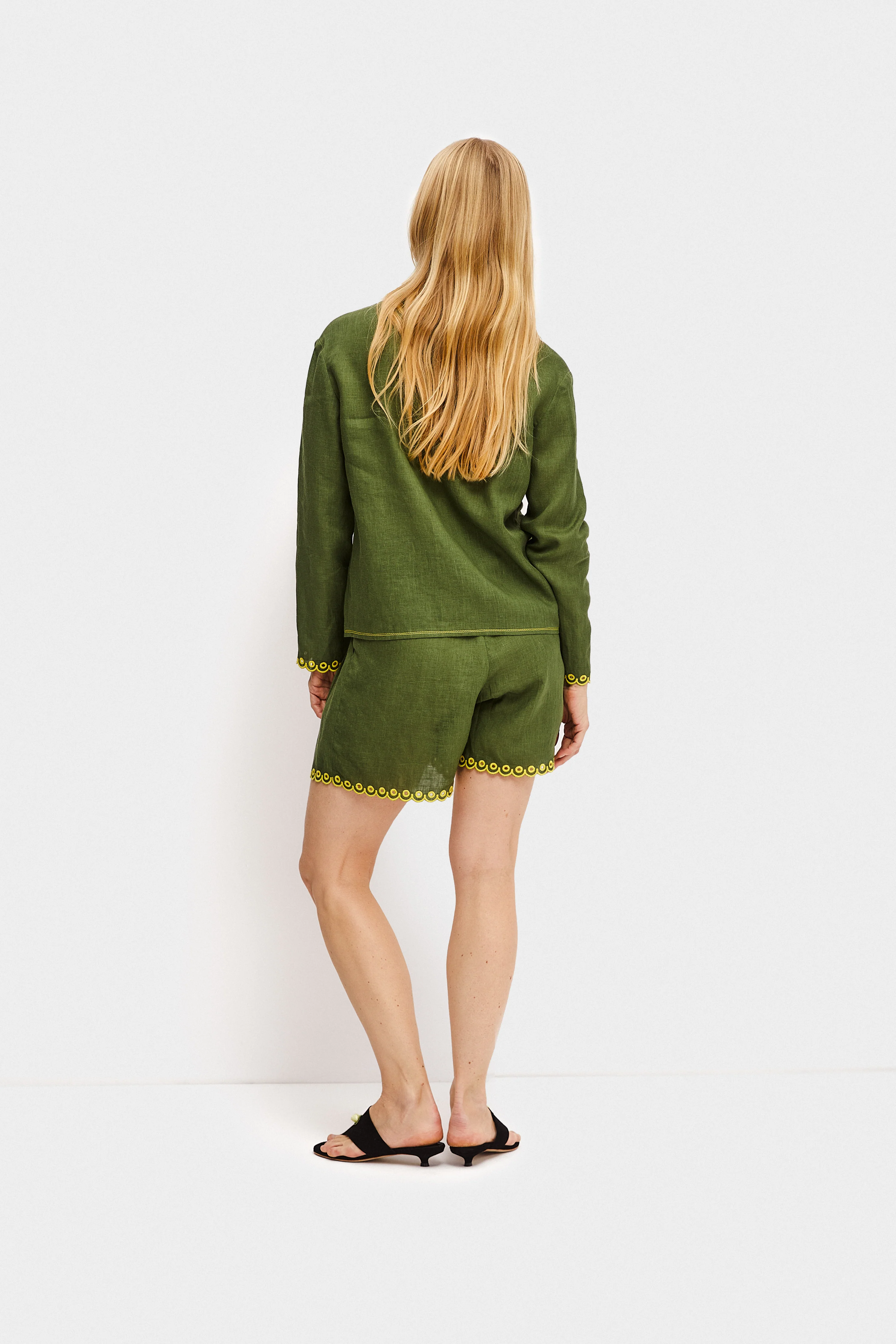 Petra Embroidered Linen Shorts in Green - Image 4
