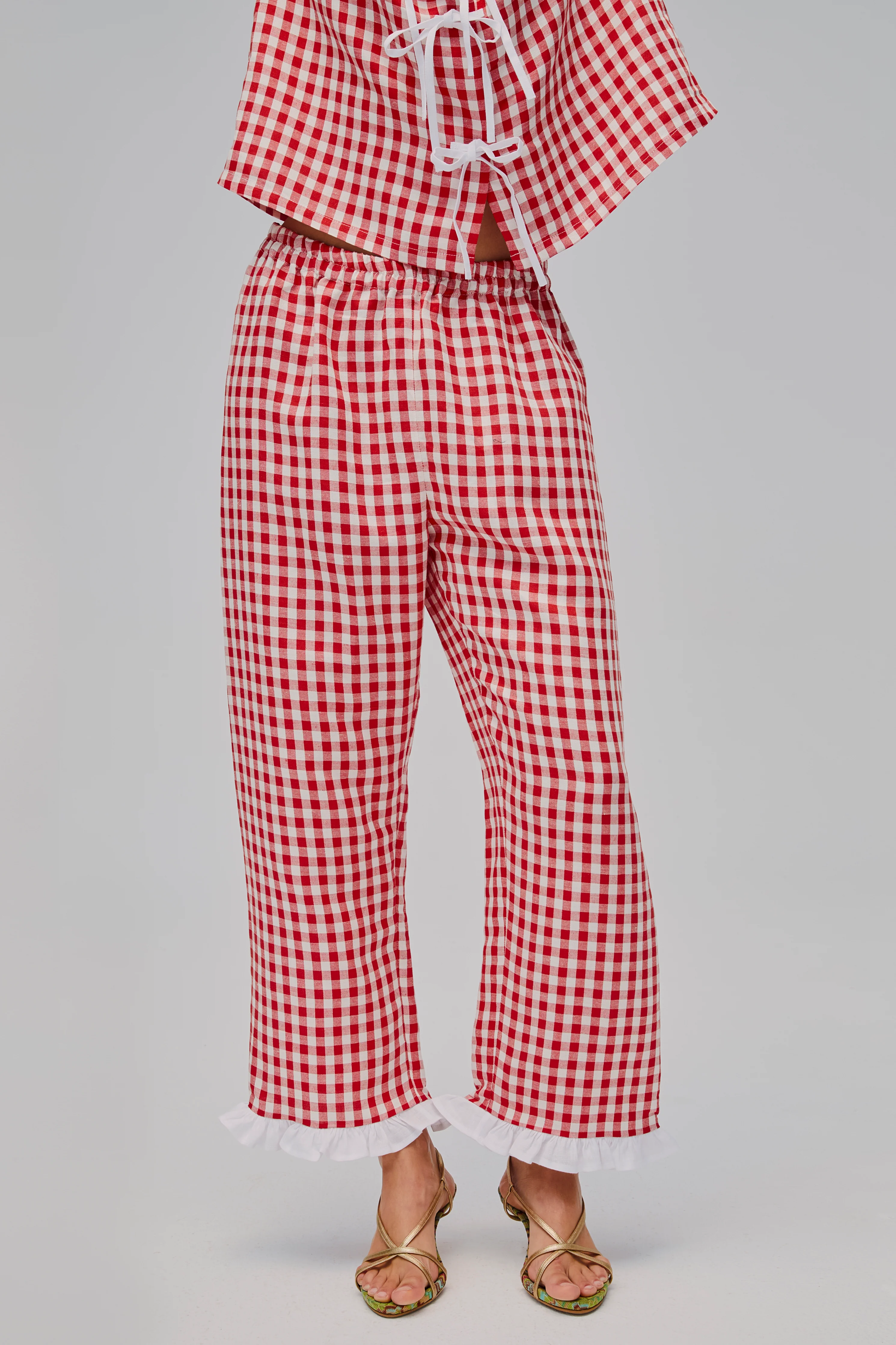 Puff Linen Lounge Pants in Red Vichy - Image 2
