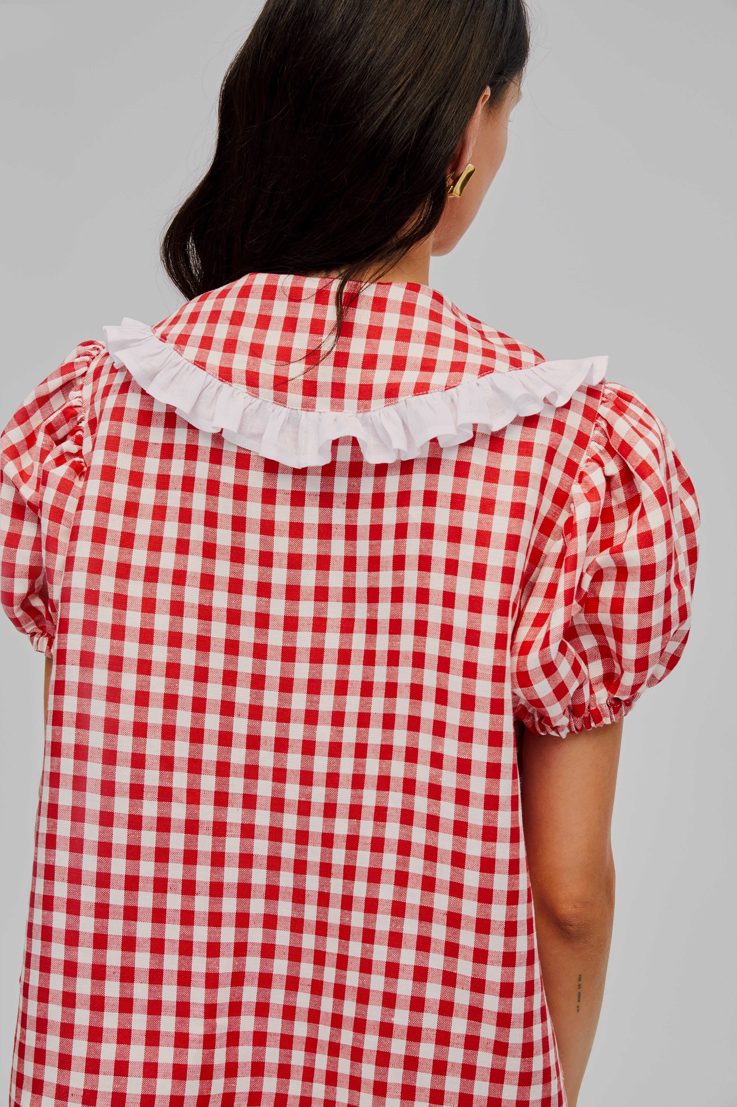 Puff Linen Lounge Shirt in Red Vichy - Image 3