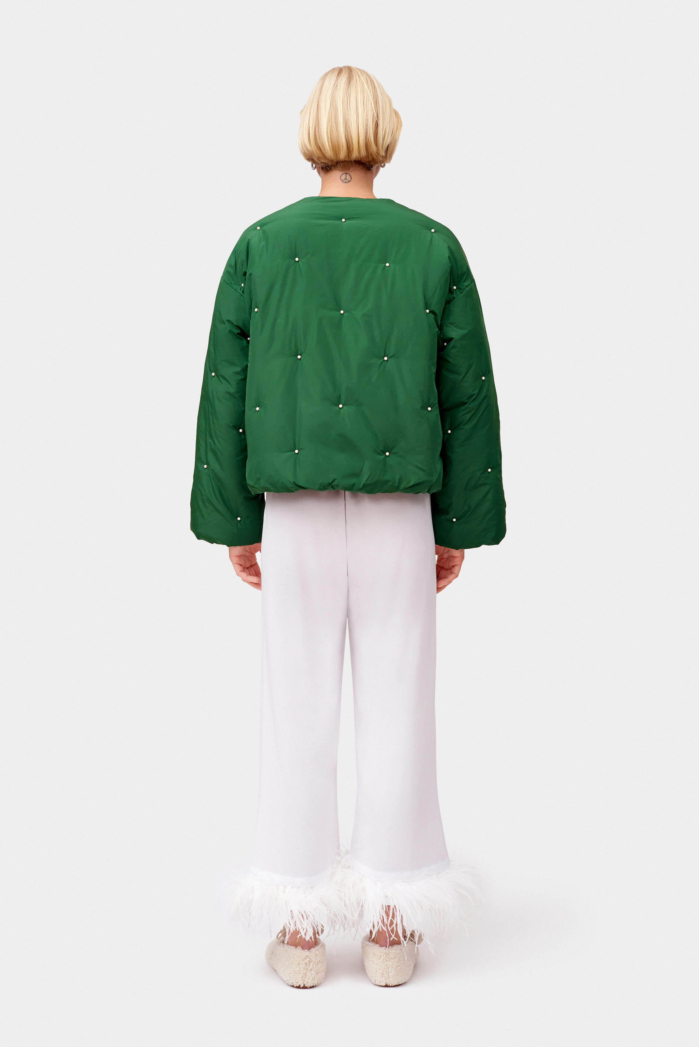 Puffer Jacket in Green with Pearl details - Image 3