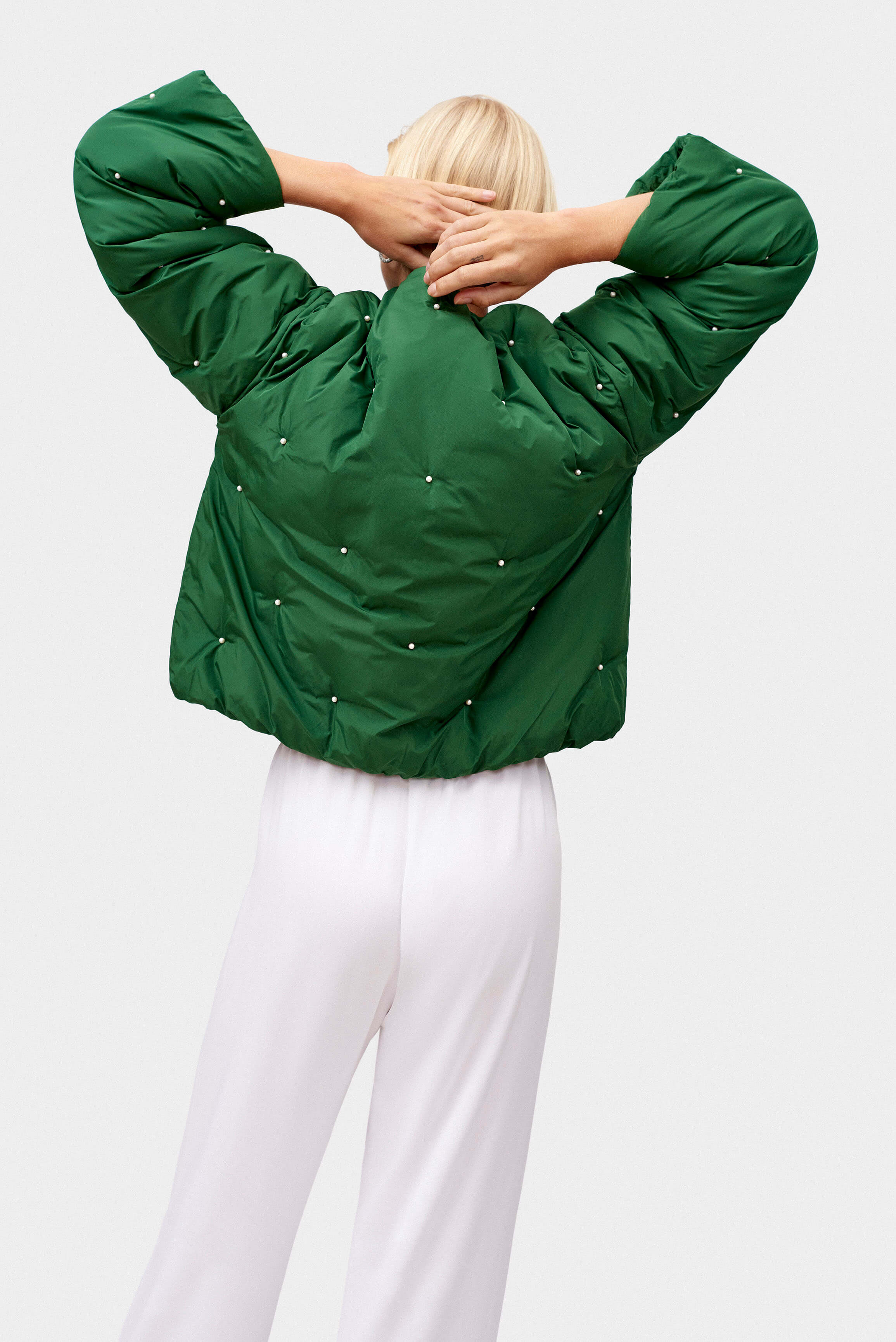 Puffer Jacket in Green with Pearl details - Image 5