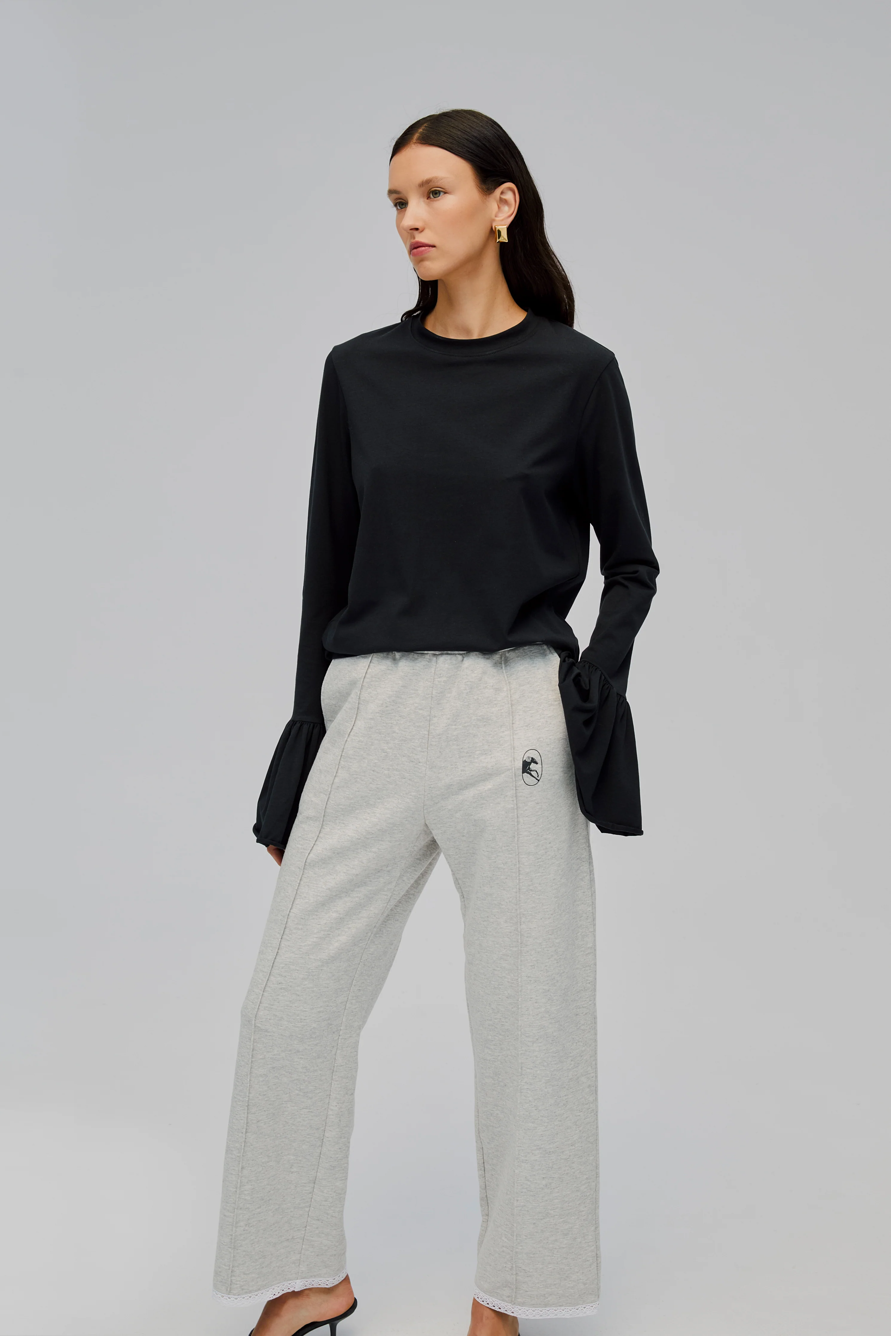 Relaxed Stretch-cotton Jersey Pants with Lace in Grey - Image 4