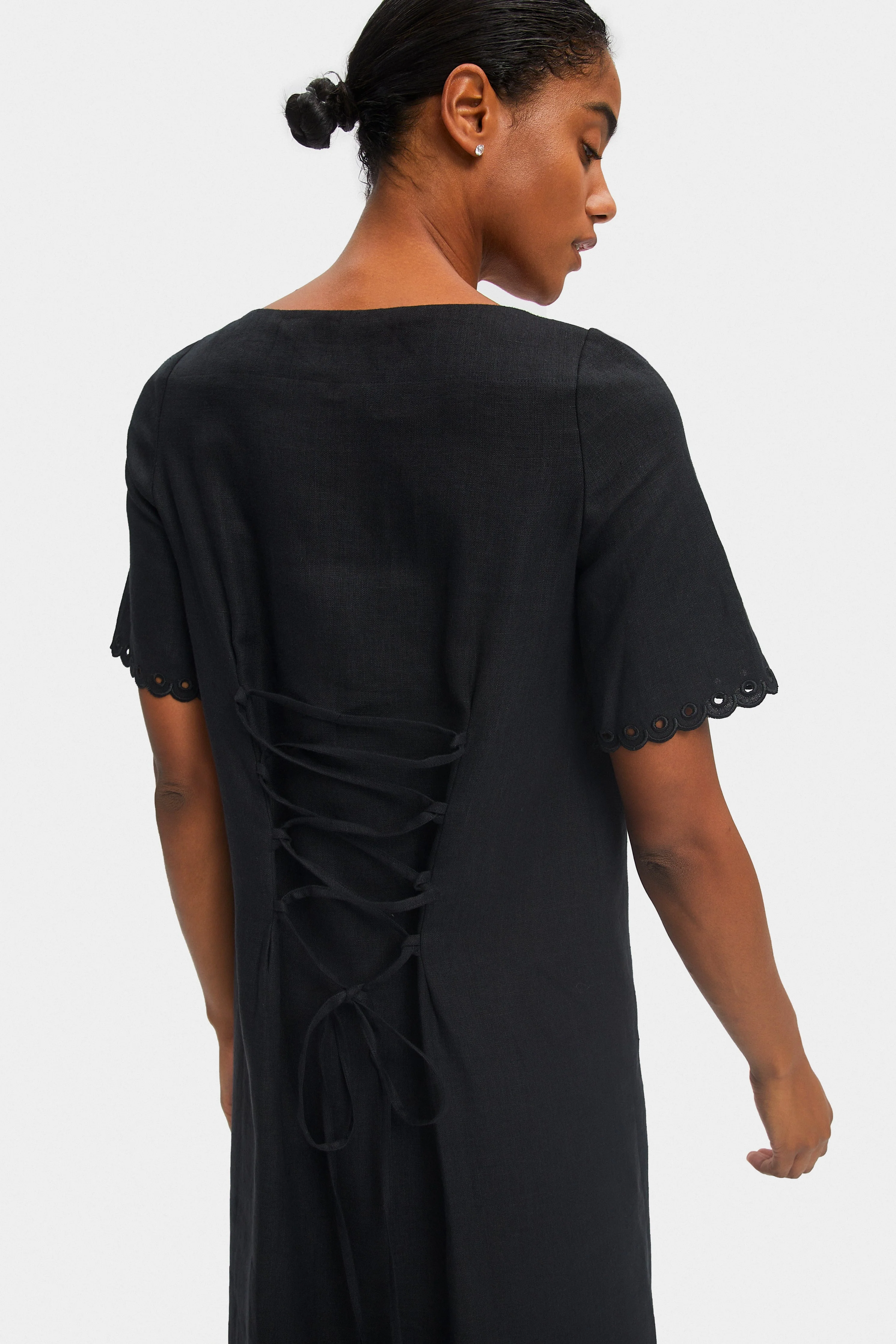 Sofia Linen Embroidered Midi Dress in Black - Image 7