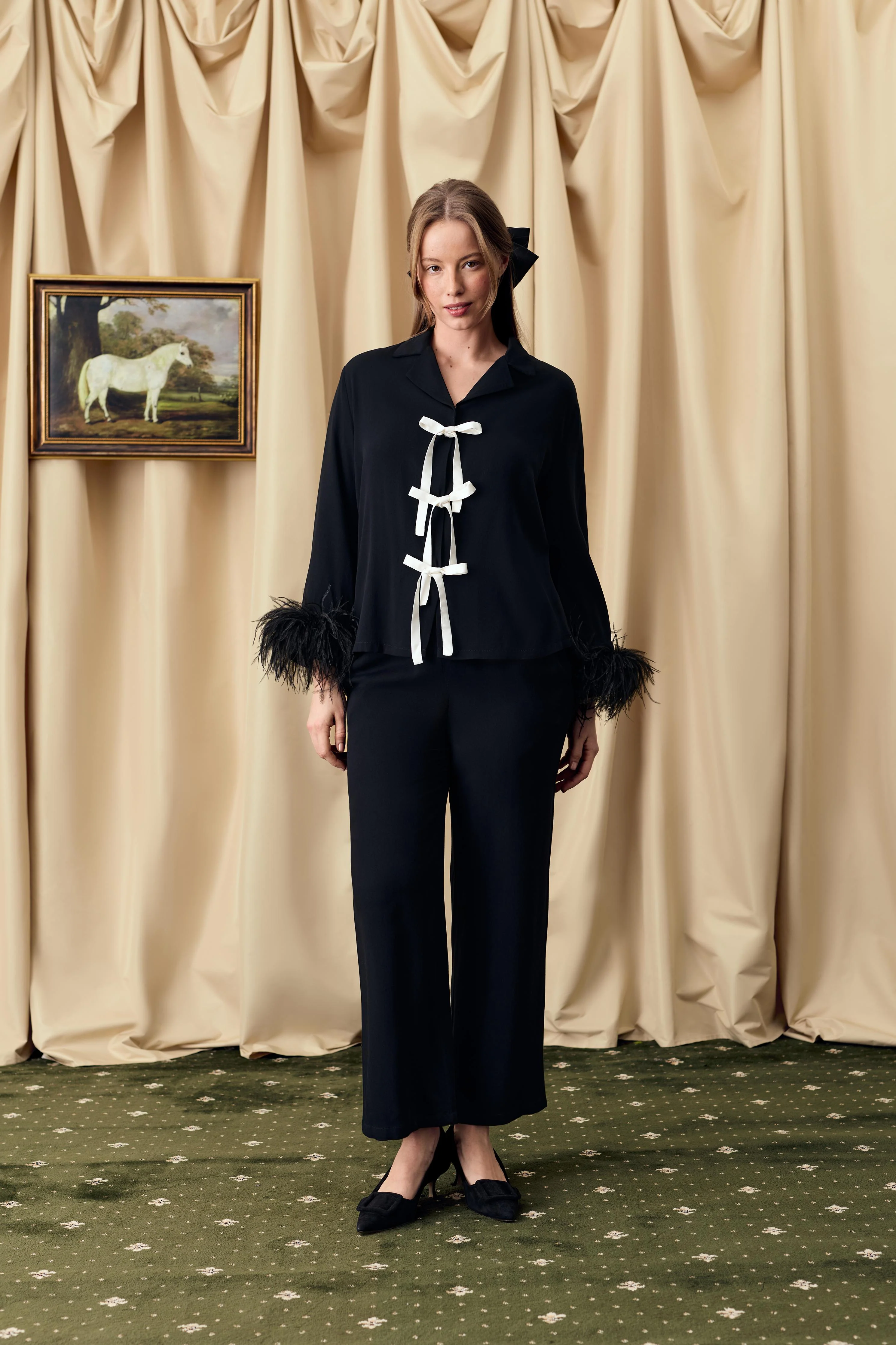 The Bow Pajama Set with Detachable Feathers in Black - Image 8