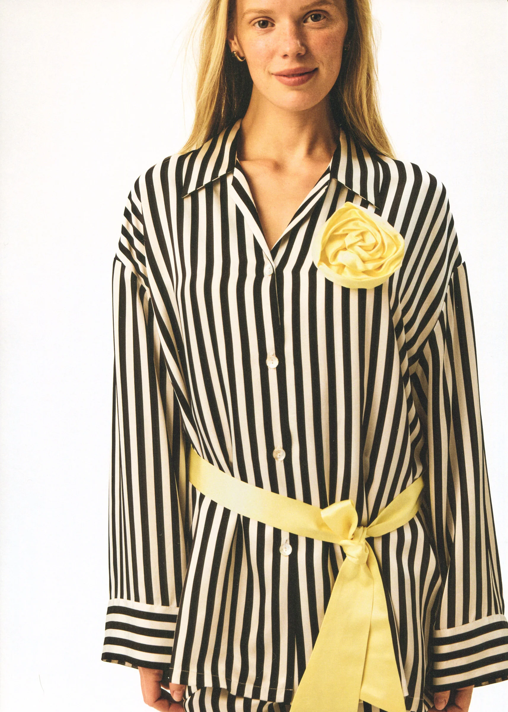 The Rose Oversized Pajama Set in Stripes with Yellow trim - Image 4