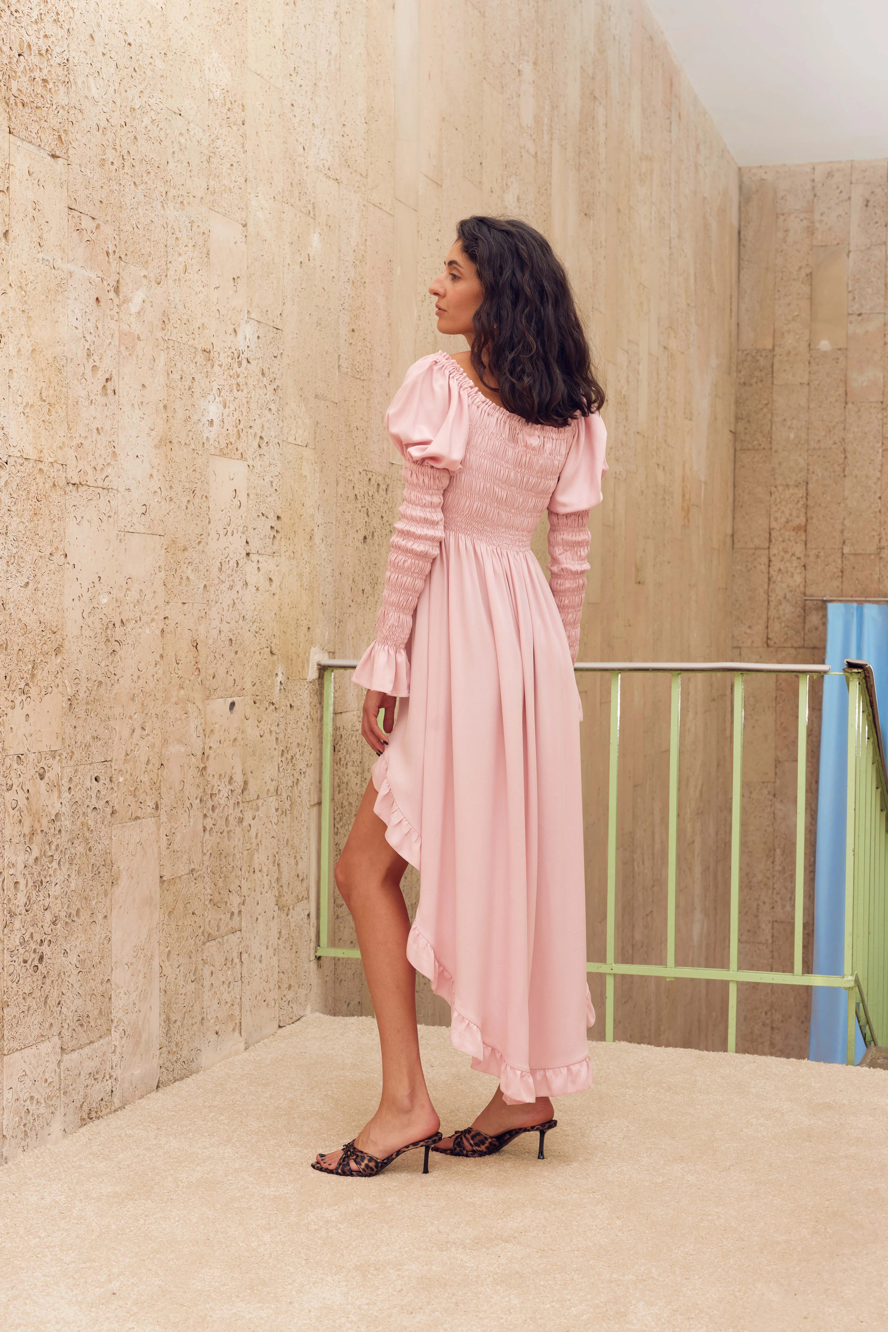 Wild Angel Shirred Asymmetric Dress in Pink - Image 4