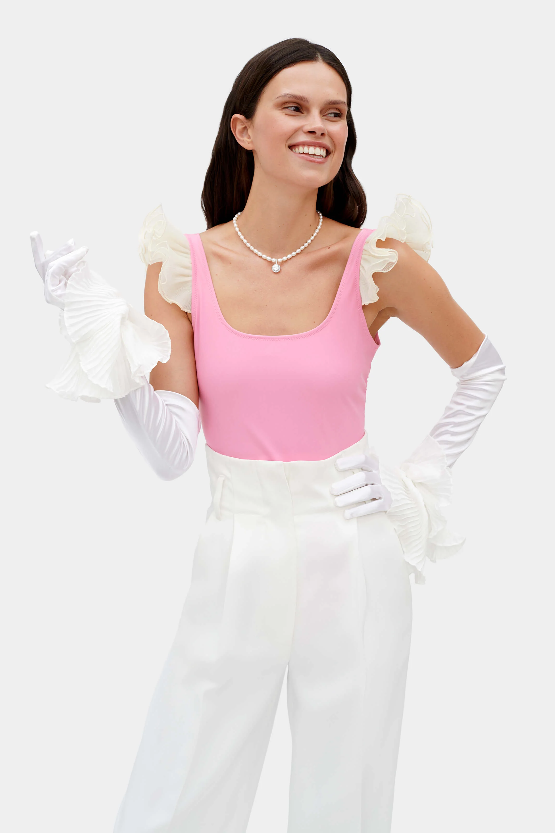 Zephyr Ruffle Gloves in White - Image 3